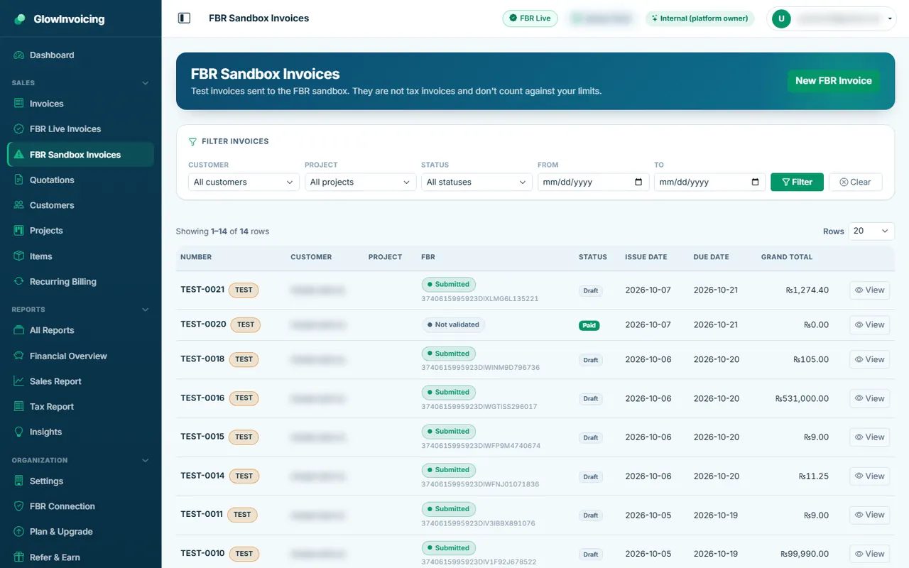 FBR sandbox invoices