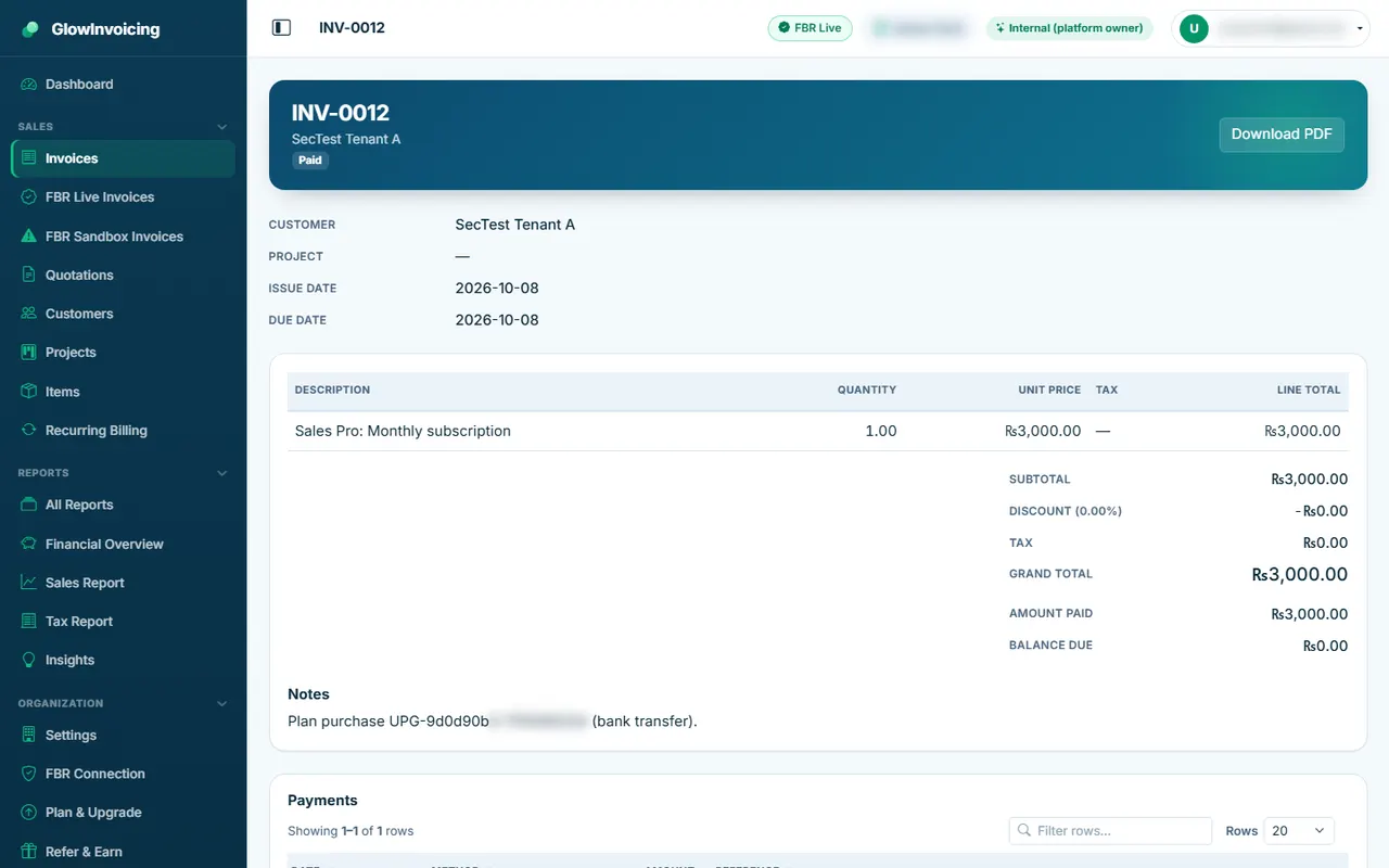 Invoice details and payments