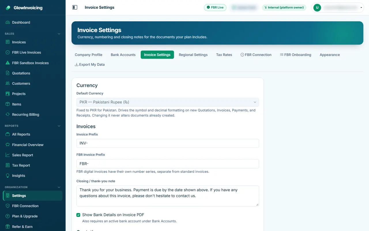 Invoice settings